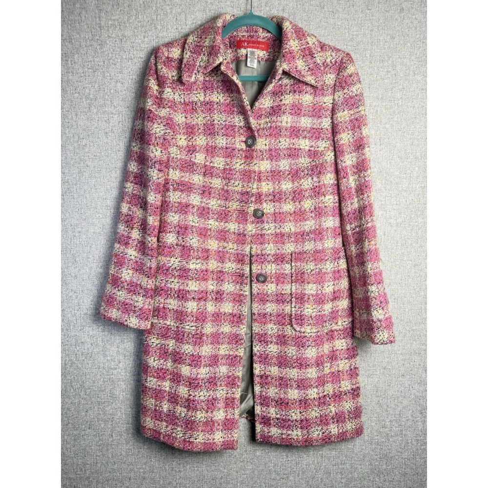Anne Klein Pink Tan Beige Wool Blend Tweed‎ Plaid Coat Overcoat Size 4/SMALL